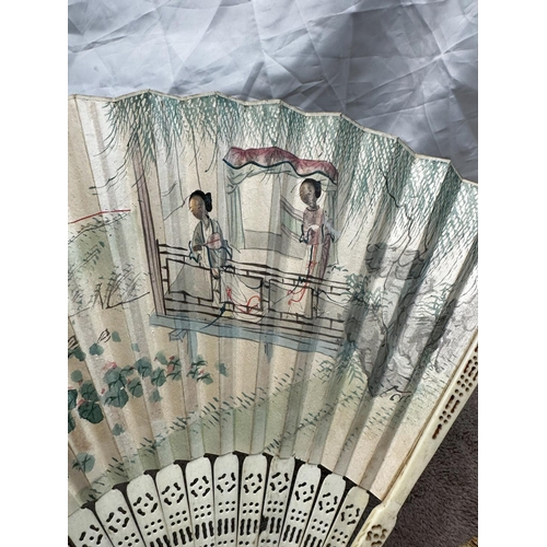 885 - 19th Century Chinese Hand Painted Bone/Paper Hand Fan