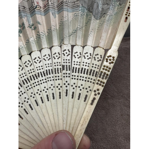 885 - 19th Century Chinese Hand Painted Bone/Paper Hand Fan