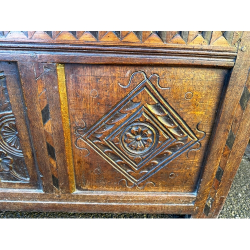 899 - 17th Century English Carved Three Panel Oak Coffer