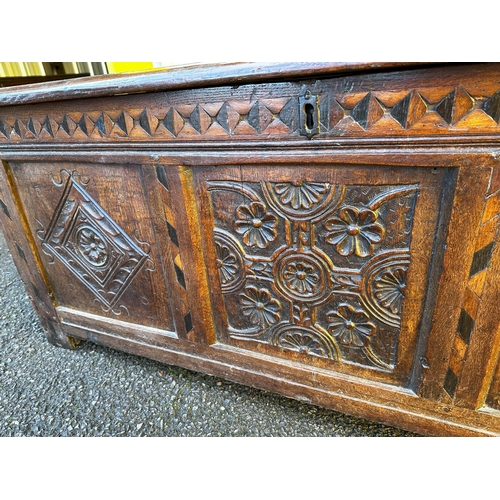 899 - 17th Century English Carved Three Panel Oak Coffer