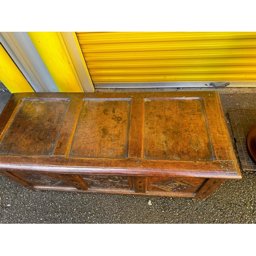 899 - 17th Century English Carved Three Panel Oak Coffer