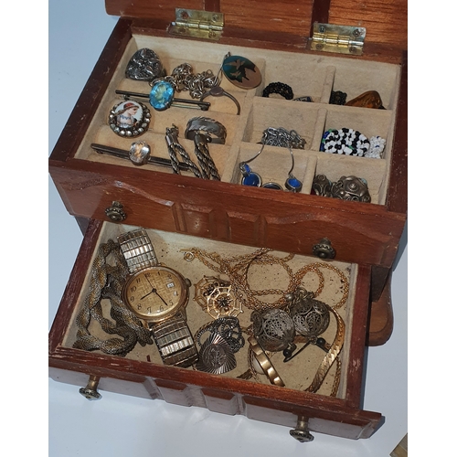 42 - Wooden Jewellery box containing various jewellery from house clearance - Unsorted