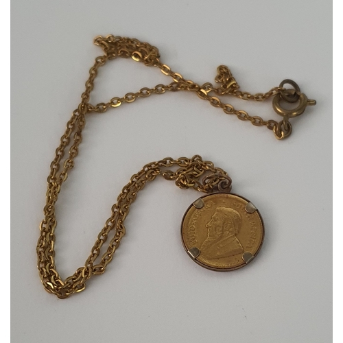 66 - 1/10 Oz South African Krugerrand mounted on necklace