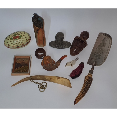 75 - Very nice selection of good vintage items and curios including 1893 pipe, lucky paws, stag horn crum... 