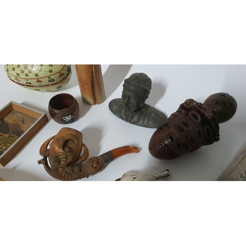 75 - Very nice selection of good vintage items and curios including 1893 pipe, lucky paws, stag horn crum... 