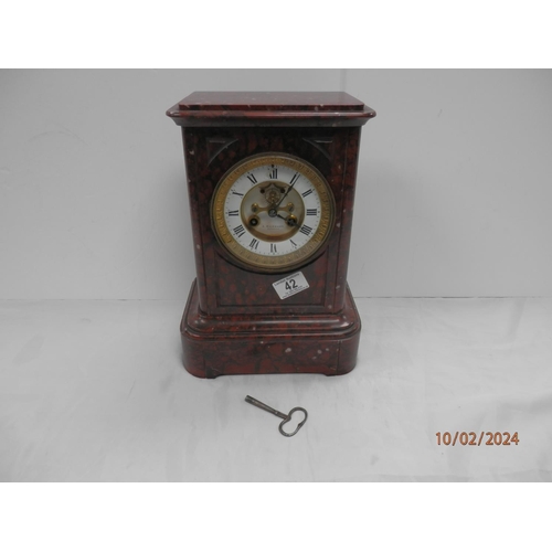 1042 - 19th Century French Rogue Marble Mantle Clock by A Mesnar of Bordeaux 32cm x 20cm