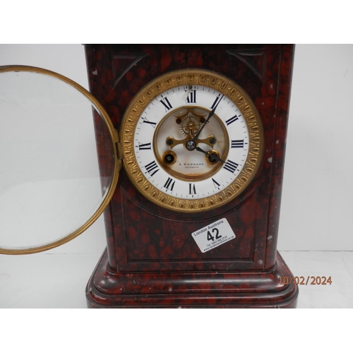 1042 - 19th Century French Rogue Marble Mantle Clock by A Mesnar of Bordeaux 32cm x 20cm