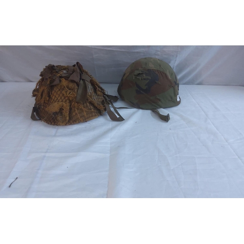 747 - Vietnam Era M1 Steel Helmet with US Woodland Covert and Rank Slide to Centre & a British Army WW2 Mk... 