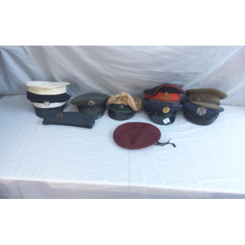 757 - Collection of Various Military Hats & Berets to include Wermacht Visor Cap, RAF Visor Cap, Royal Nav... 