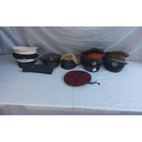 757 - Collection of Various Military Hats & Berets to include Wermacht Visor Cap, RAF Visor Cap, Royal Nav... 