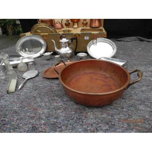 896 - Trunk Containing a Large Lot of Vintage and Antique Copper/Brass Items plus Silver Plate, Cut Glass ... 