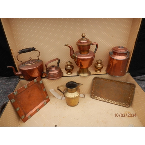 896 - Trunk Containing a Large Lot of Vintage and Antique Copper/Brass Items plus Silver Plate, Cut Glass ... 