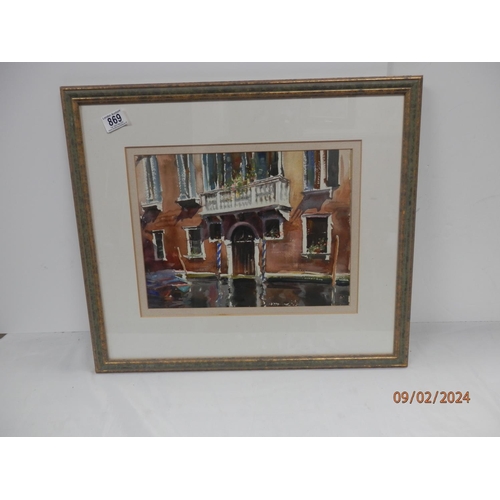 869 - Andrew King ROI B.1956 Watercolor Titled Venetian Façade Framed 55cm x 49cm