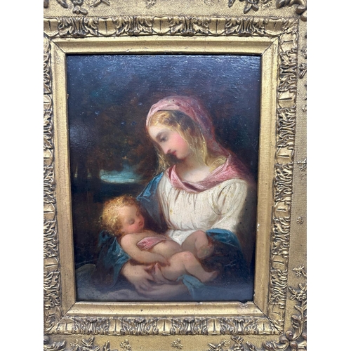 1B - English School c.1840 The Madonna and Child. Oil on Panel. 17cm x 22cm.