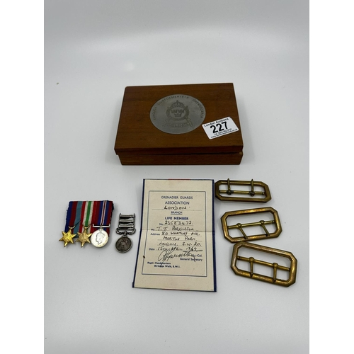 227 - Wooden Box Containing Miniature Medals, Belt Buckles etc