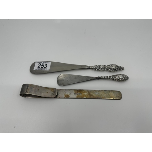 253 - Two Silver Handled Shoe Horns and a 75g Silver Clip