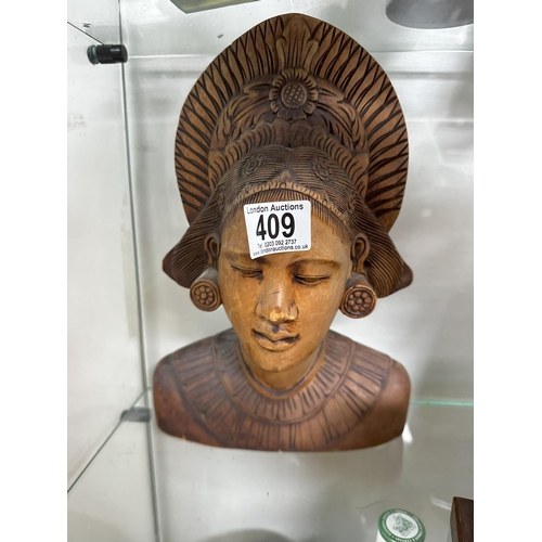 409 - 27cm Carved Wooden Balinese Bust