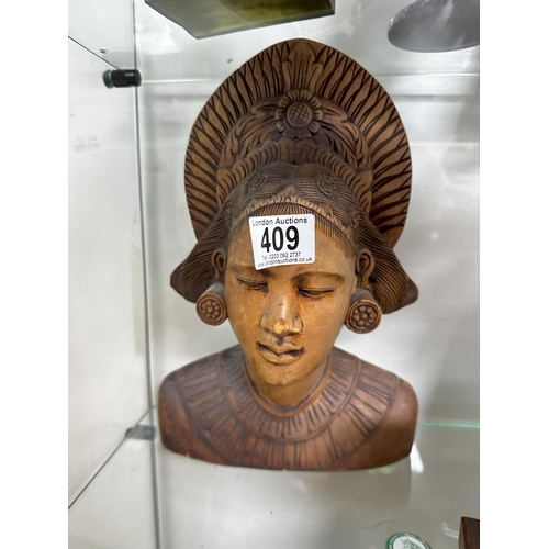 409 - 27cm Carved Wooden Balinese Bust