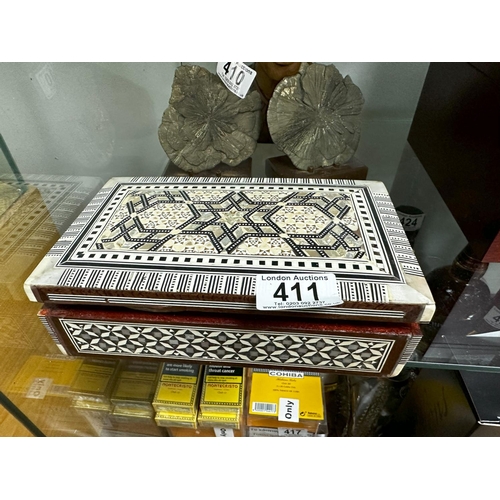 411 - Mother of Pearl inlaid Box Containing Pair of Ammonites and a Bronze Turtle