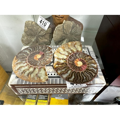 411 - Mother of Pearl inlaid Box Containing Pair of Ammonites and a Bronze Turtle