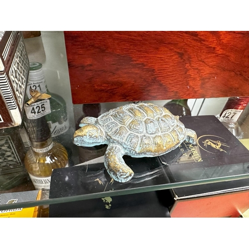 411 - Mother of Pearl inlaid Box Containing Pair of Ammonites and a Bronze Turtle