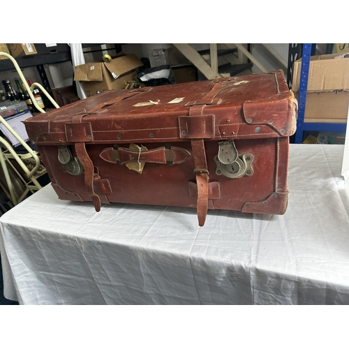 1214a - Large Antique Leather Steamer Trunk