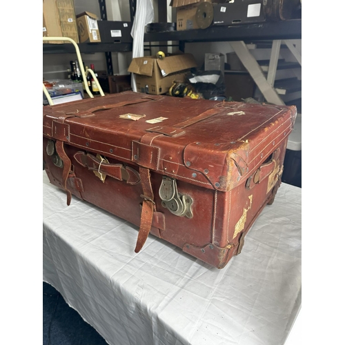 1214a - Large Antique Leather Steamer Trunk