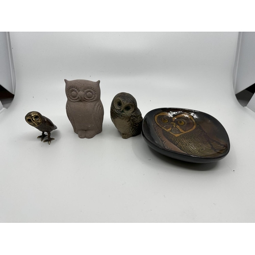 698 - Small Signed Bronze Owl, a Poole Pottery Owl, another Owl and a Chelsea Pottery Owl Dish