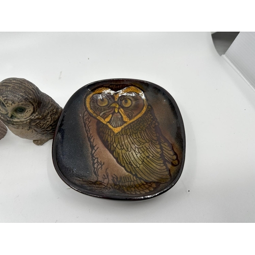 698 - Small Signed Bronze Owl, a Poole Pottery Owl, another Owl and a Chelsea Pottery Owl Dish