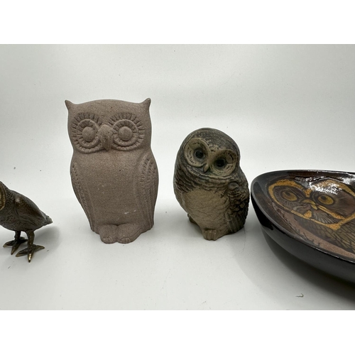 698 - Small Signed Bronze Owl, a Poole Pottery Owl, another Owl and a Chelsea Pottery Owl Dish