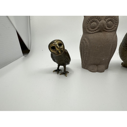 698 - Small Signed Bronze Owl, a Poole Pottery Owl, another Owl and a Chelsea Pottery Owl Dish