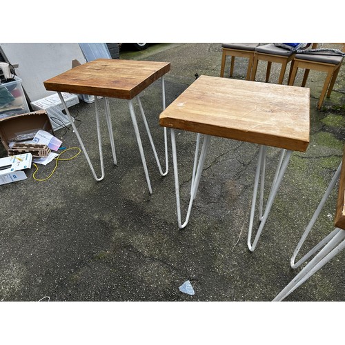 1222 - Lot of 3 Oak Top Side Tables on Hairpin Legs