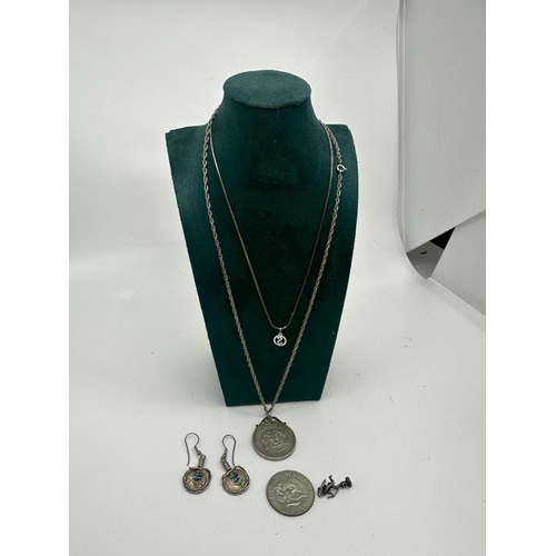 30 - 2 1960s Half Dollar Coins, One in a Mount on a Chain plus other various Silver Jewellery