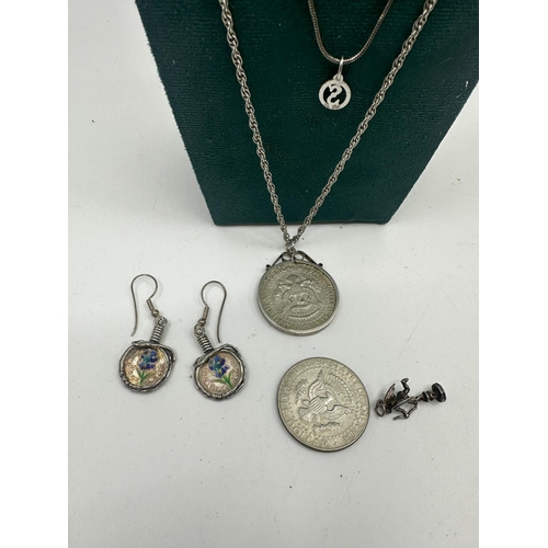 30 - 2 1960s Half Dollar Coins, One in a Mount on a Chain plus other various Silver Jewellery