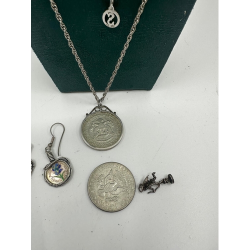 30 - 2 1960s Half Dollar Coins, One in a Mount on a Chain plus other various Silver Jewellery