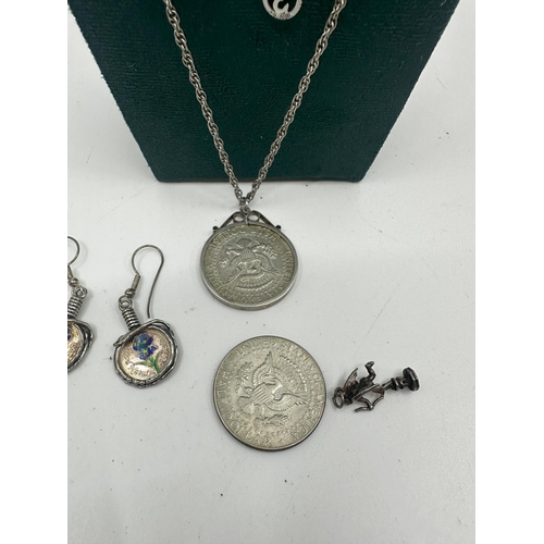 30 - 2 1960s Half Dollar Coins, One in a Mount on a Chain plus other various Silver Jewellery