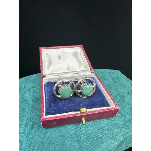 369 - Ornate Pair of White Metal & Jade Cufflinks