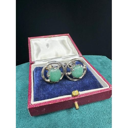 369 - Ornate Pair of White Metal & Jade Cufflinks