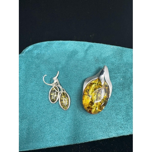 370 - Silver Mounted Amber Pendant and Earrings