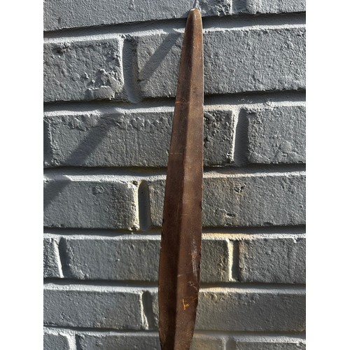 241 - Two 19th Century Zulu Cow Skin Shield (72cm x 43cm), Zulu Staff (165cm) and Zulu Spear (153cm)