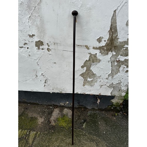 241 - Two 19th Century Zulu Cow Skin Shield (72cm x 43cm), Zulu Staff (165cm) and Zulu Spear (153cm)