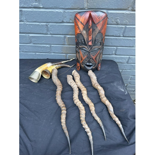 1344 - Kenyan Tribal Mask, Various Antelope Horns and a pair of Drinking Horns