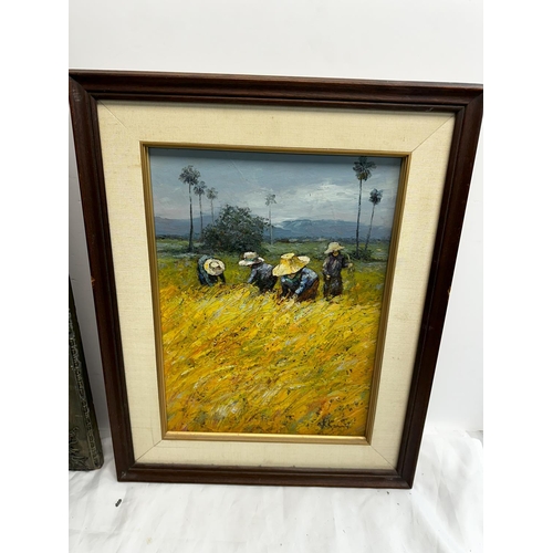 1351 - Vintage Thai Field Worker Scene Oil on Canvas. Signed to Bottom Right