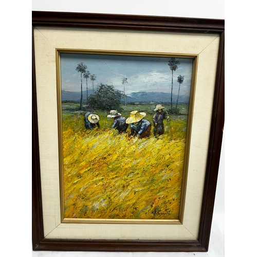 1351 - Vintage Thai Field Worker Scene Oil on Canvas. Signed to Bottom Right