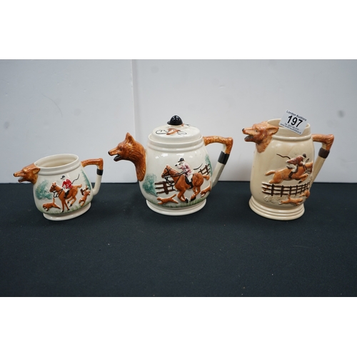 1197 - PPC fox hunt novelty tea pot and two jugs