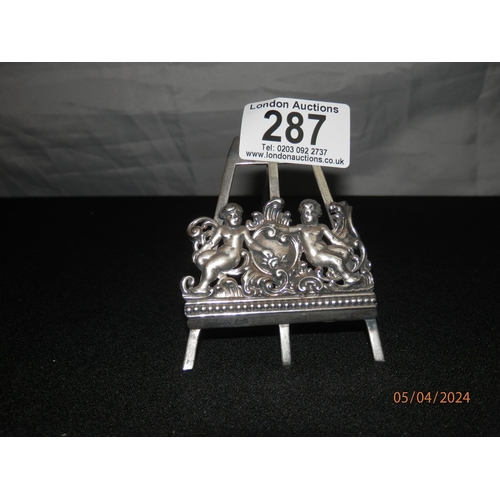 287 - Pair of Hallmarked Silver Easel Form Place card Holders with Cherub Decoration