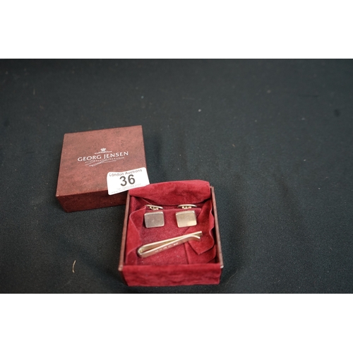 36 - Pair of Hallmarked Silver Georg Jensen Cufflinks with Matching Tie clip in Original Box