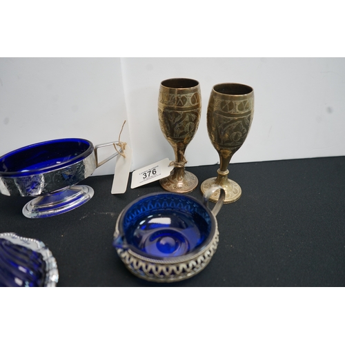 376 - Vintage Cobalt blue glass items along with two brass decorative goblets.