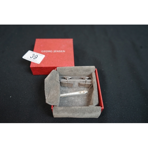 39 - Pair of Hallmarked Silver Georg Jensen Cufflinks with Matching Tie clip in Original Box