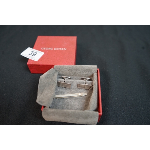 39 - Pair of Hallmarked Silver Georg Jensen Cufflinks with Matching Tie clip in Original Box